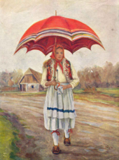 Painting of a woman in traditional a Croatian costume holding a red umbrella aloft, walking on a dirt road. Behind her is a cottage surrounded by trees.