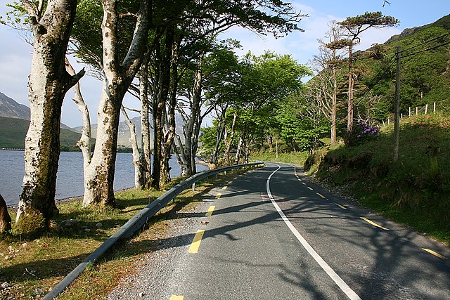 The N59 on the shore of Kylemore Lough in County Galway