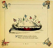 Charles H. Bennett's illustration of the rhyme from 1858 Needles and pins 1858.jpg