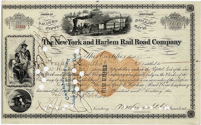 Share of the New York and Harlem Rail Road Company, issued 31 October 1873, signed by William Henry Vanderbilt as president