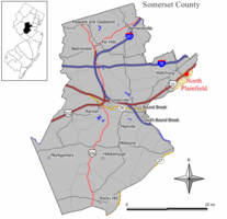 Map of North Plainfield in Somerset County. Inset: Location of Somerset County on New Jersey.