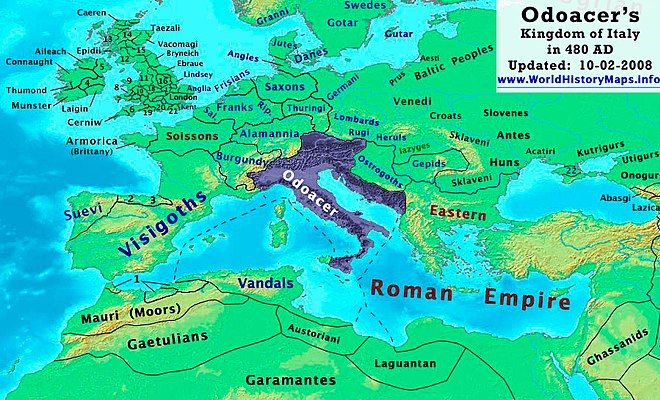 Map of Odoacer's Kingdom of Italy in 480 AD
