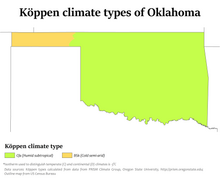 Koppen climate types in Oklahoma showing most of the state to now be humid subtropical. Oklahoma Koppen.png