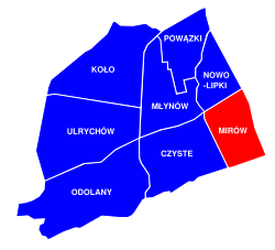 Location of Mirów neighbourhood (red) in the District of Wola (navy blue)