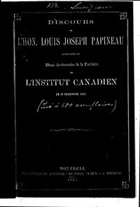 Louis-Joseph Papineau, Discours de l'Hon. Louis-Joseph Papineau devant l'Institut canadien à l'occasion du 23e anniversaire de fondation de cette société, le 17 décembre 1867, 1867    