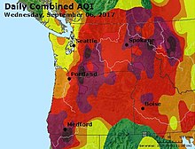 Peak Air Quality Index values for Oregon and Washington on September 6, 2017. Air quality is hazardous in parts of Washington and Oregon, "very unhealthy" in Spokane, and at least "unhealthy" across most of the area. Peak AQI Washington and Oregon 20170906.jpg