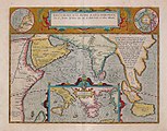 Periplus-Karte aus dem Theatrum orbis terrarum, mit den Handelsrouten an der nordostafrikanischen, arabischen und indischen Küste, von Abraham Ortelius, 1597