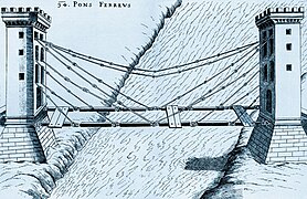 Primer dibujo de un puente atirantado de Fausto Veranzio (ca. 1595/1616)]