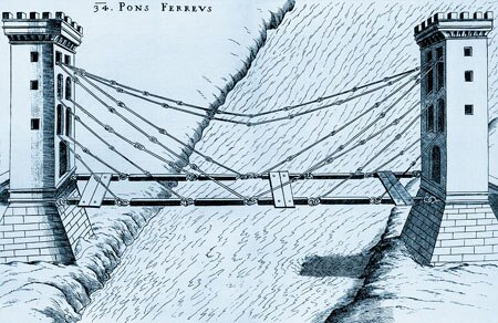 Chain-stayed bridge by the Renaissance polymath Fausto Veranzio, from 1595/1616. Prior to industrial manufacture of heavy wire rope (steel cable), sus