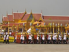 Procession for Bejaratana Rajasuda's relics (carried on Phra Thinang Rajendrayan) from the royal crematorium to the Grand Palace.JPG