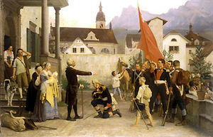 Alois von Reding, Landaman de Schwytz, reçoit la bénédiction de son père avant de devenir commandant des troupes schwytzoises en 1798.