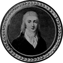 Circular portrait of a young Meade, set in pearls. Black-and-white image.