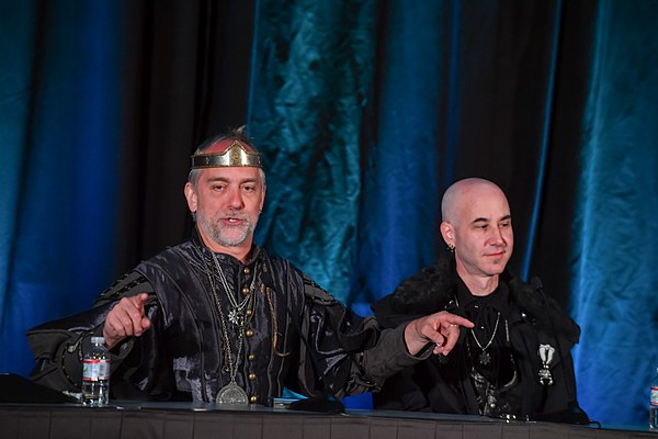 Richard Garriott (left) in his "Lord British" persona, along with Starr Long at the 2018 Game Developers Conference