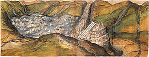 Tinten- und Aquarellzeichnung „Eissee hinter Roven“ 1601, Original im Tiroler Landesmuseum, Innsbruck