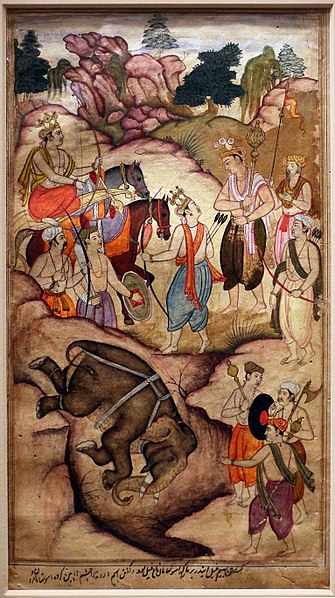 Bhima kills an elephant named Ashwatthama. Folio from Razmnama.