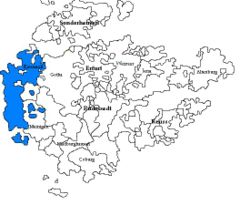   Kadipaten Sachsen-Eisenach pada 1672 (biru) di antara Negara-negara Kadipaten Ernestine yang lain di Thuringia
