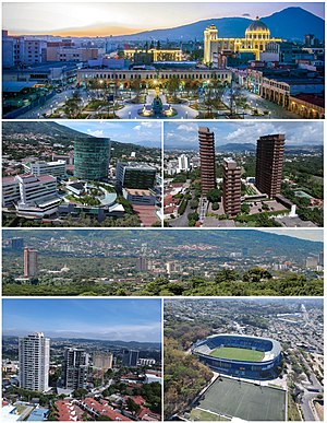 Top, left to right: National Palace of El Salvador, Zona Rosa (San Salvador), Temple of El Salvador, Metropolitan Cathedral of San Salvador, Skyline of San Salvador, Zona Rosa and Cuscatlán Stadium