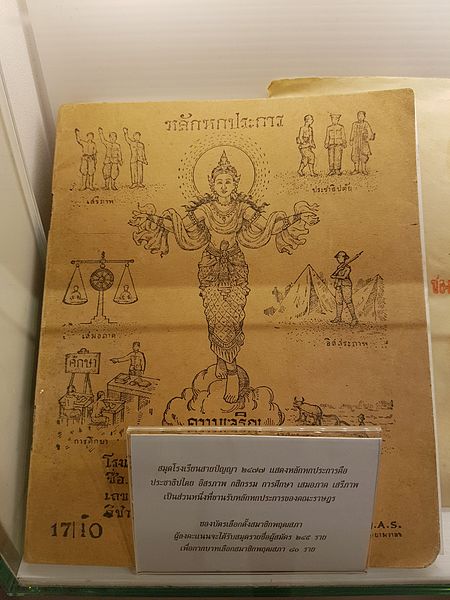 A school notebook published in 1934, with illustrations of the six principles on its cover, displayed at Thai Parliament Museum, Bangkok.