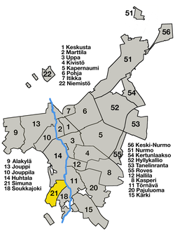 Simuna (21) sijaitsee joen länsirannalla noin neljä kilometriä Seinäjoen keskustasta (1) etelään.