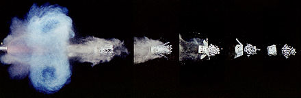 Series of individual 1/1,000,000 second exposures showing shotgun firing shot and expanding cup sabot separation.