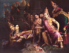Sita returns to her mother, the Earth, as Sri Rama, her sons, and the sages watch in astonishment. Sita Bhum Pravesh.jpg