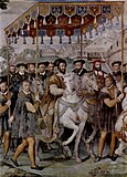 Entrada del emperador Carlos V, el rey Francisco I y el cardenal Alessandro Farnese en París en 1540.  Fresco en Villa Farnese, Caprarola