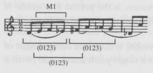 Ten-note series in Voice 2 of String Quartet, fourth movement, mm. 3-4 Ten note series from straus book.png