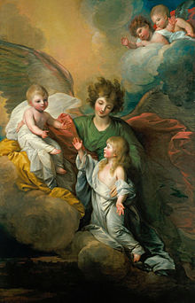 Portrait titled The Apotheosis of Prince Octavius. It depicts Prince Octavius and several angels on clouds, the largest of whom is motioning the prince towards his brother Alfred. Painted by Benjamin West in 1783.