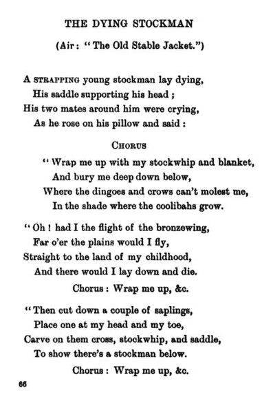 First page of "The Dying Stockman," a bush ballad published in Banjo Paterson's 1905 collection The Old Bush Songs