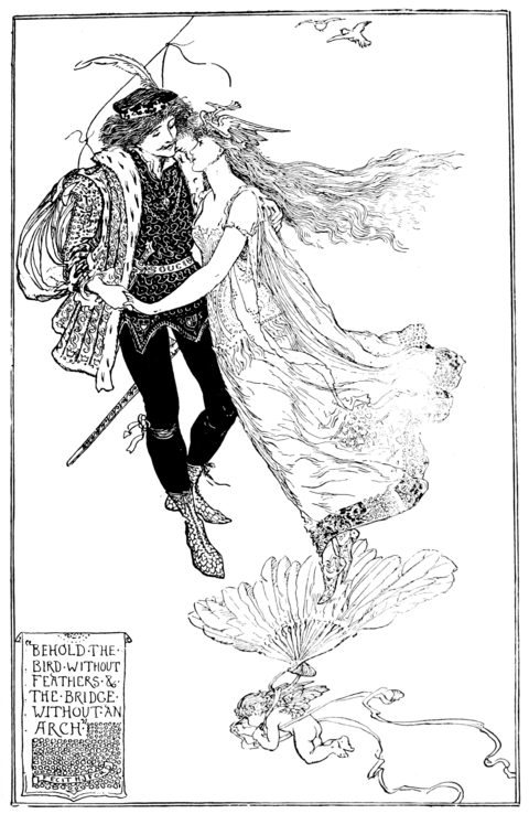 black ans white full page illustration of a young man and a young woman embracing in the air. The young woman is standing on a large feathered fan and the young man has a string leading from him up into the sky. The young woman wears a bird-shaped tiara and has long light-colored hair which she wears loose and a light flowy dress which both of which blowmin the wind. She is on tiptoes on the fan to bring her closer to the young man and wears ornate pointed slippers. The young man wears a crown or hat with a feather in it and has a mustache ans puffy shoulder length hair. His clothing is ornate with large puffed sleeves and an ermine collar, a belt with a sheathed sword and dagger on it, and pointed boots. Their is nothing in the background except a couple far away birds.