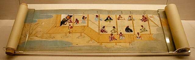 One of the earliest surviving images of the formal serving of tea. Here monkeys, who were sacred to the shrine, imitate humans in a poetry competition