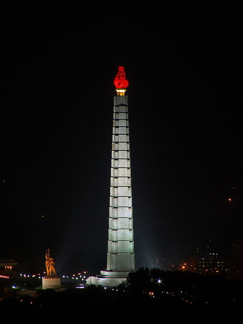 The Juche Tower at night