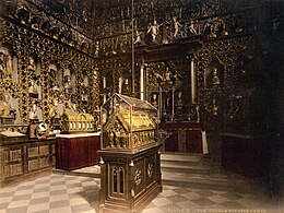 Treasury of Saint Ursula in the Basilica of St. Ursula, Cologne. Her popular cult contributed to the townspeople's resistance to Evangelical proselytism in Cologne. Treasury of St. Ursula, Cologne, the Rhine, Germany-LCCN2002714088.jpg