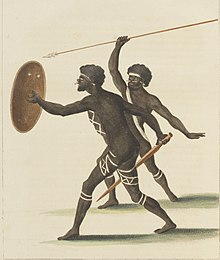 Two of the Natives of New Holland, Advancing To Combat (1784), lithograph based on 1770 sketch by Cook's illustrator Sydney Parkinson Two of the Natives of New Holland, Advancing to Combat.jpg