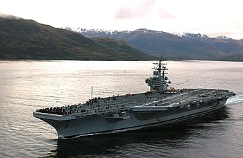 USS Ronald Reagan traveling through the Strait...