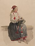 Ung kvinna i dräkt sittande i helfigur Akvarell av J.W. Wallander - Nordiska museet - NMA.0070070 (1)