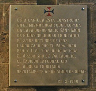Placa conmemorativa del nacimiento de San Simón de Rojas