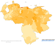 Geographic distribution of Afro-Venezuelans as of the 2011 census.
.mw-parser-output .legend{page-break-inside:avoid;break-inside:avoid-column}.mw-parser-output .legend-color{display:inline-block;min-width:1.25em;height:1.25em;line-height:1.25;margin:1px 0;text-align:center;border:1px solid black;background-color:transparent;color:black}.mw-parser-output .legend-text{}
< 1%
1-2.5%
2.5-5%
5-10%
10-20%
20-30%
30-40%
40-50%
50-60%
> 60% Venezuela 2011 Black and Afrodescendant population proportion map.png