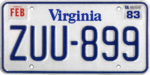 Virginia license plate, 1979–1992 series with February 1983 sticker.png