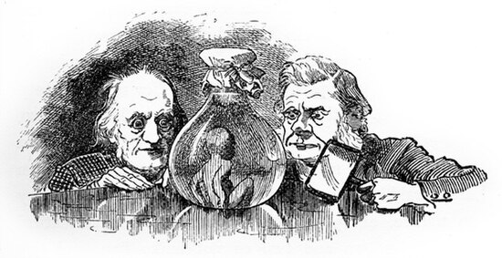 Richard Owen and Thomas Henry Huxley inspect a water baby in Linley Sambourne's 1885 illustration.