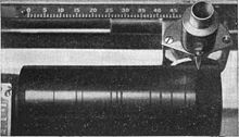 Cylinder on Dictaphone dictation machine Wax cylinder in Dictaphone.jpg