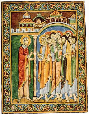 Mary Magdalen announcing the Resurrection to the Apostles, St Albans Psalter, English, 1120–1145.