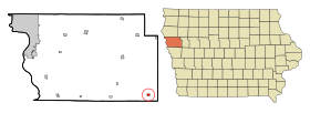 Woodbury County Iowa Incorporated and Unincorporated areas Danbury Highlighted.svg