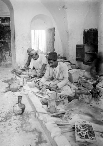 Workers in mother-of-pearl in Bethlehem. Photo taken 1900-1920 by American Colony, Jerusalem. Workers in mother-of-pearl.jpg