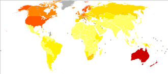 Skin cancer prevalence by country in 2008. Australia and New Zealand have the highest rates of skin cancer, shown in red. Worldwide Melanoma of Skin Cancer Incidence - 2008 Globocan.svg