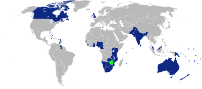 Since the accession of Mozambique in 1995, Zimbabwe (in green) has been surrounded by Commonwealth member states (blue). Zimbabwe and the Commonwealth of Nations.svg