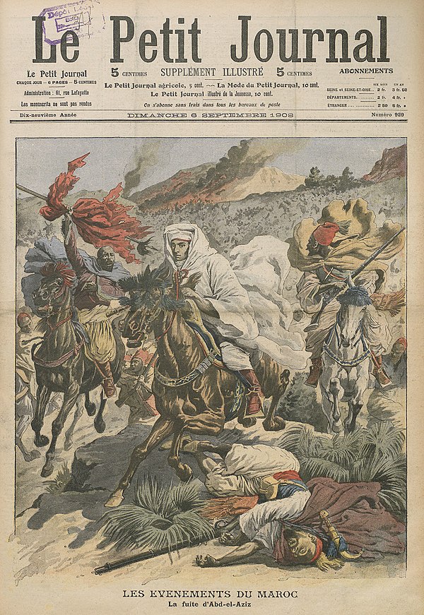 Abdelaziz fleeing Marrakesh after the Battle of Marrakesh of the Hafidiya in 1908 as illustrated in Le Petit Journal.