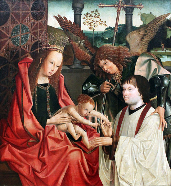 File:1510 Meister des Antwerpener Marien-Tryptichons Maria mit dem Kind, dem Erzengel Michael und einem Stifter anagoria.JPG