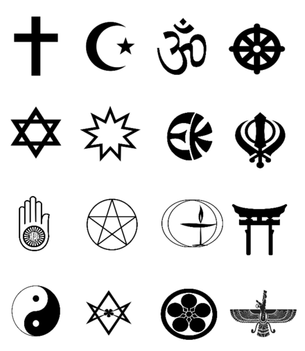 Religious symbols from left to right, top to bottom: Christianity, Islam, Hinduism, Buddhism, Judaism, the Baháʼí Faith, Eckankar, Sikhism, Jainism, Wicca, Unitarian Universalism, Shinto, Taoism, Thelema, Tenrikyo, and Zoroastrianism