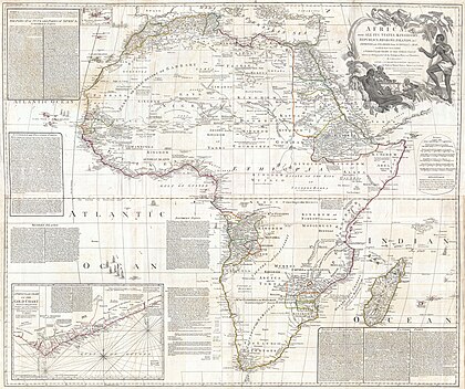 Este é provavelmente o mapa mais importante da África produzido no século XVIII. Em grande parte baseado no mapa anterior de D'Anville, este mapa foi ampliado e expandido por Samuel Boulton. Retrata o continente na íntegra com inserções da Costa do Ouro (ou Costa do Marfim ou Guiné). Este mapa é único por ser uma tentativa séria de compilar todo o conhecimento científico preciso do continente africano disponível na época. (definição 5 988 × 5 025)